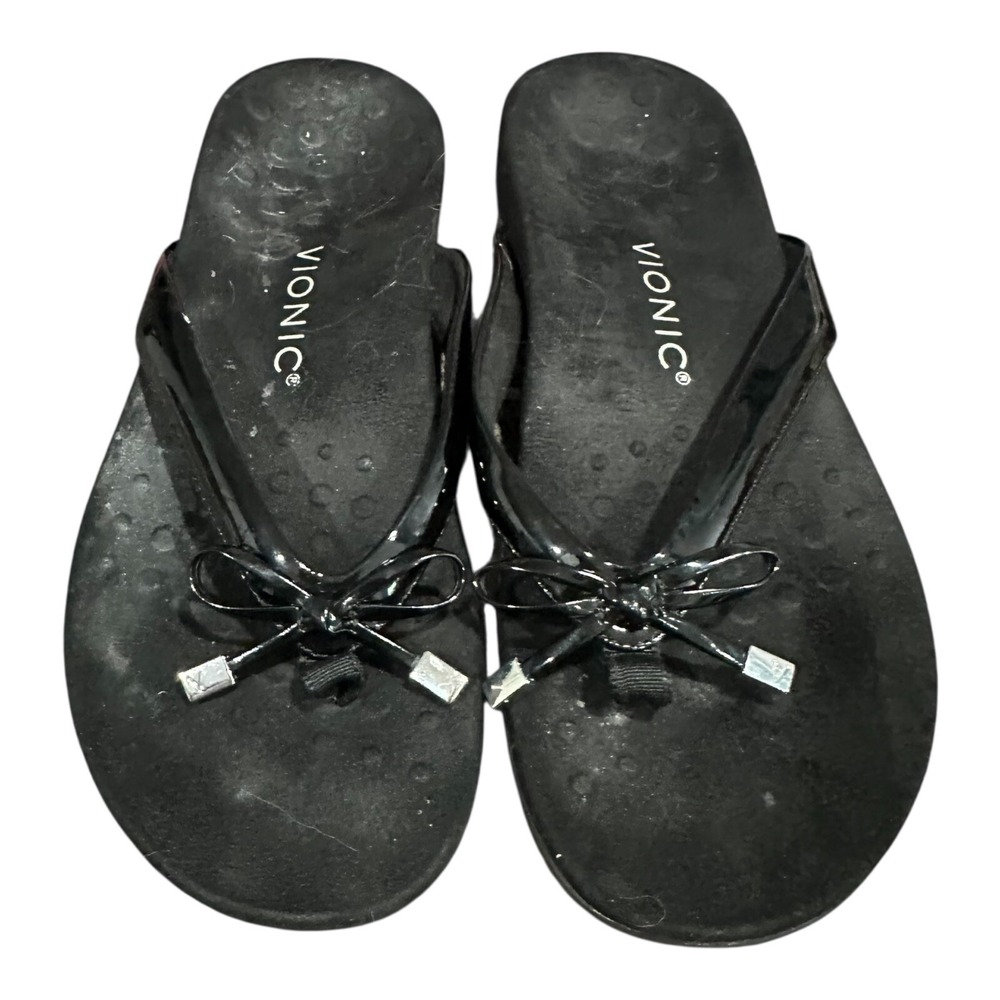 Vionic Black Sandals Women Size 9 Bella Bow Flip Flop Sandal Shoe Arch Support